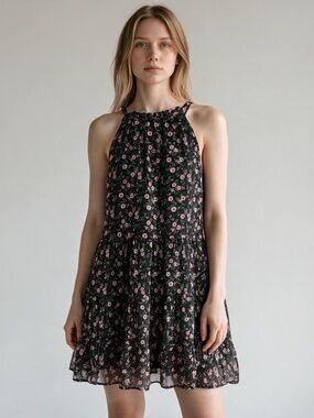 Trixxi Black Floral Halter Tiered Mini Dress L